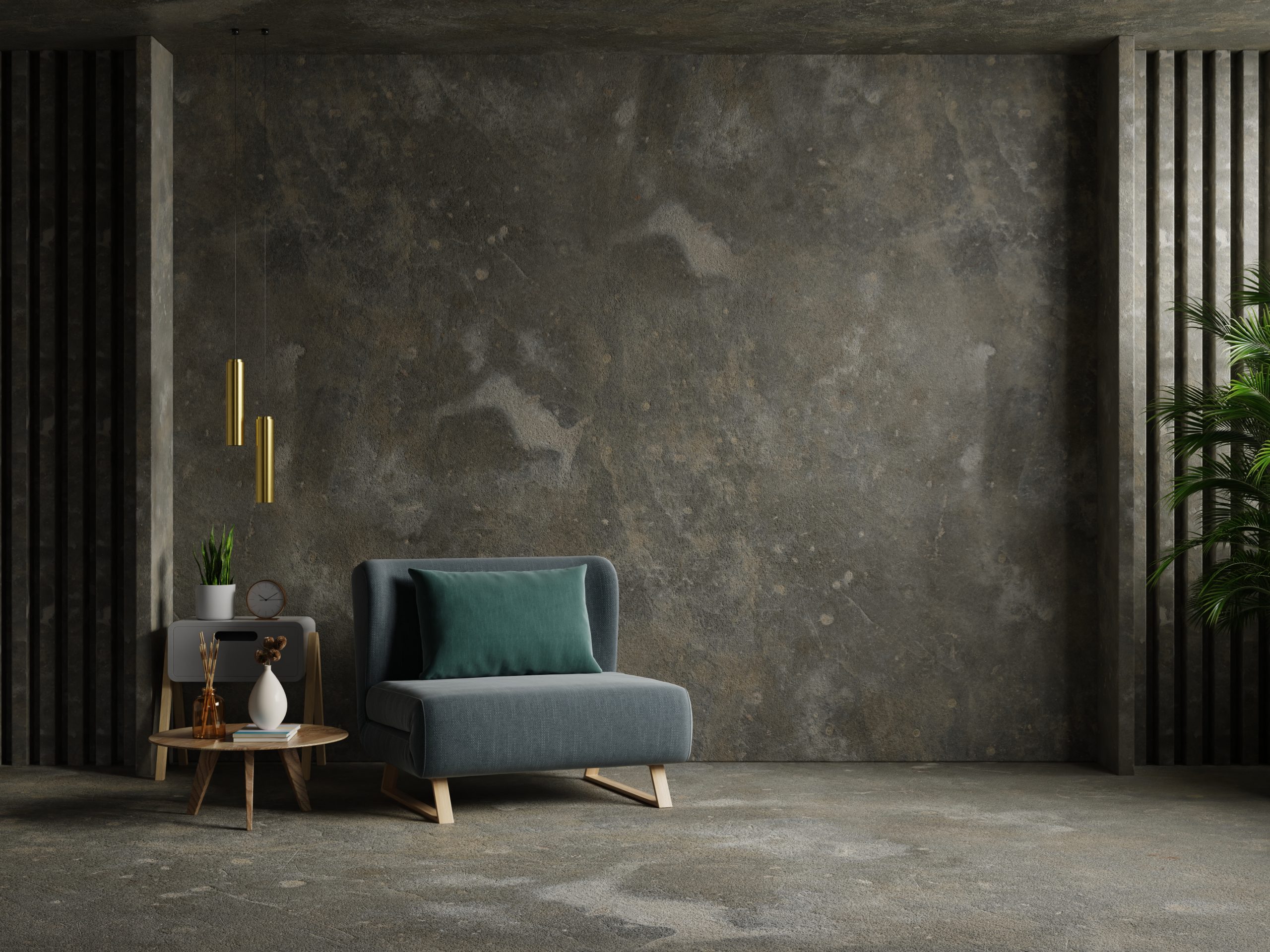 Living room interior style loft with armchair on empty concrete wall.